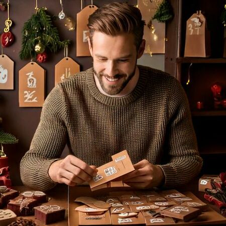 Ein glücklicher Beschenkter öffnet die erste Tüte des DIY-Adventskalenders