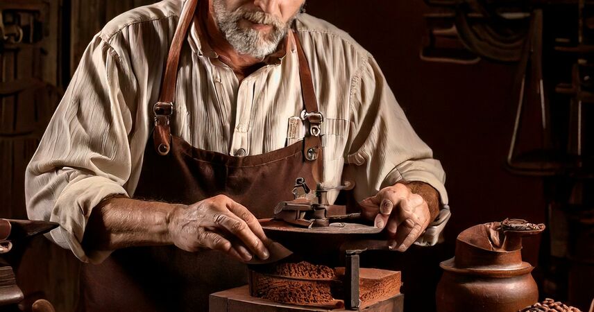 Ein Chocolatier des 19. Jahrhunderts in einer kleinen Werkstatt