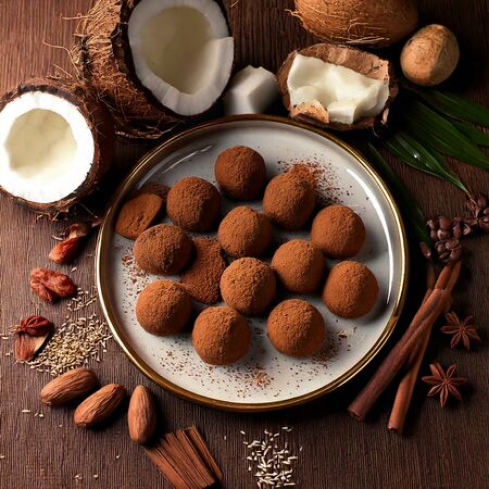 Ein Teller mit Schokoladentrüffeln, umgeben von Kokosnüssen, Kakaobohnen