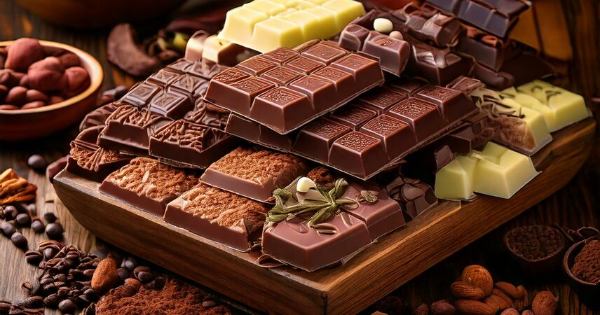 Moderne Schokoladentafeln in verschiedenen Variationen, von Milchschokolade bis zu dunklen Gourmetvarianten