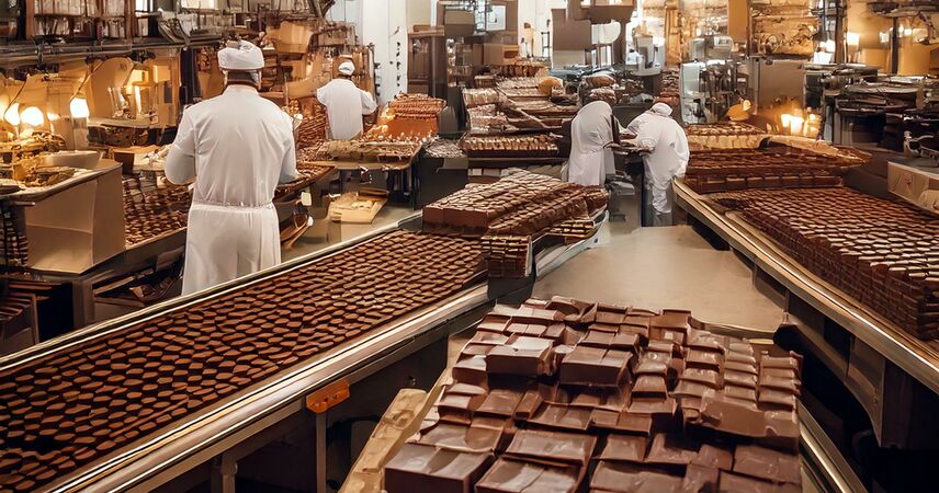 Historische Schokoladenfabrik mit Arbeitern und Förderbändern voller Schokoladentafeln